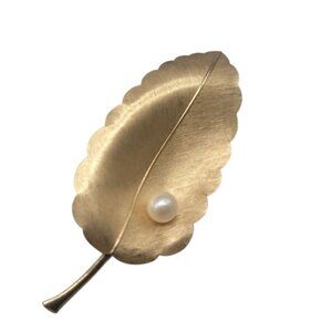 Vintage Krementz Gold-Filled Leaf Brooch With Faux Pearl Accent